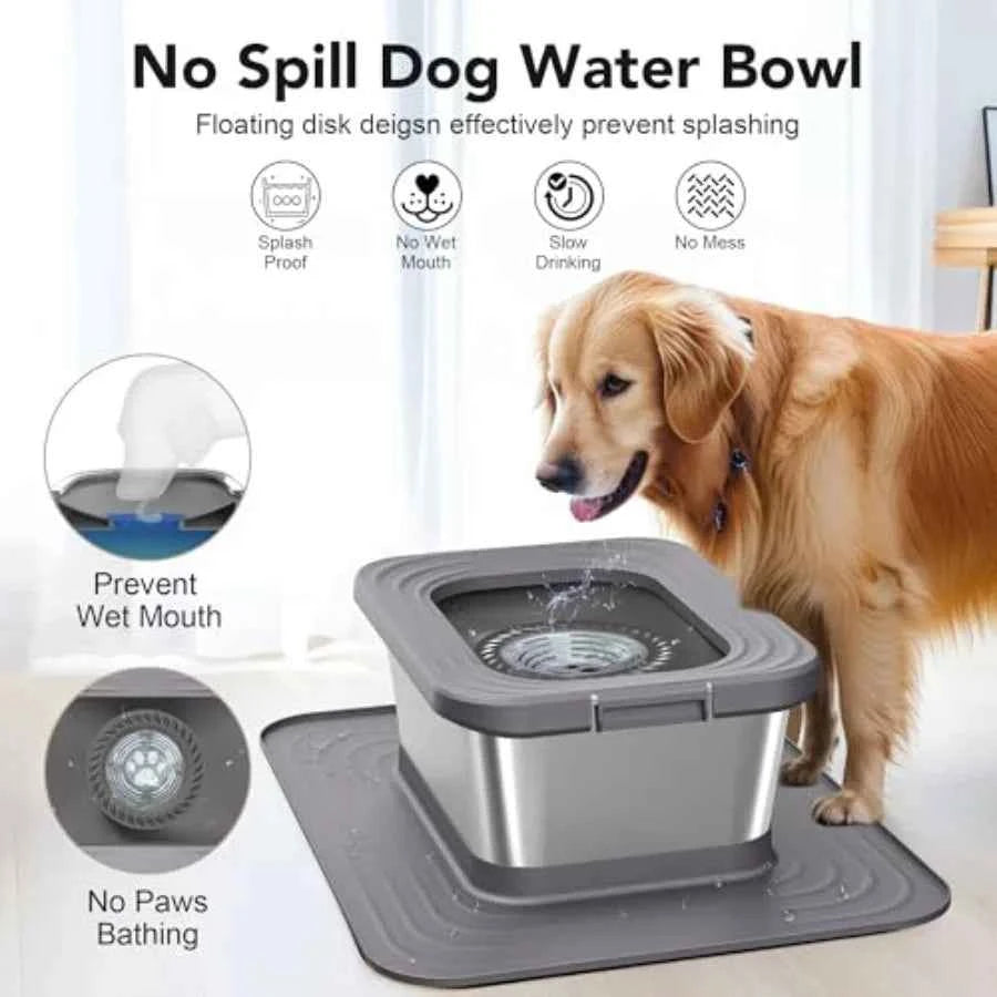 Stainless Steel Dog Water Bowl, No Spill Anti-Splash Dog Bowls with XXL Silicone Mat, Spill-Proof Slow Feeder for Messy Drinker