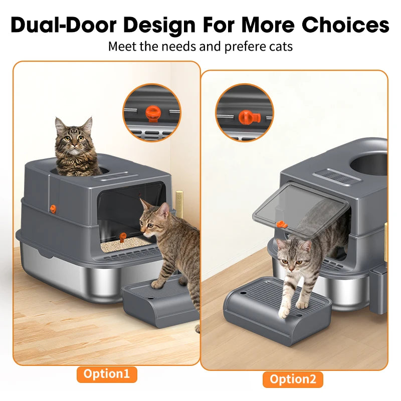 Stainless Steel Cat Litter Box with Lid, Extra Large Enclosed Cat Litter Box, Non-Stick Metal Pan, High Sides with Litter Scoop and Pedal, Odor-Free, Front and Top Entry, Leak-Proof, Easy to Clean