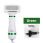 White handheld device with green accents and a power cord on a white background