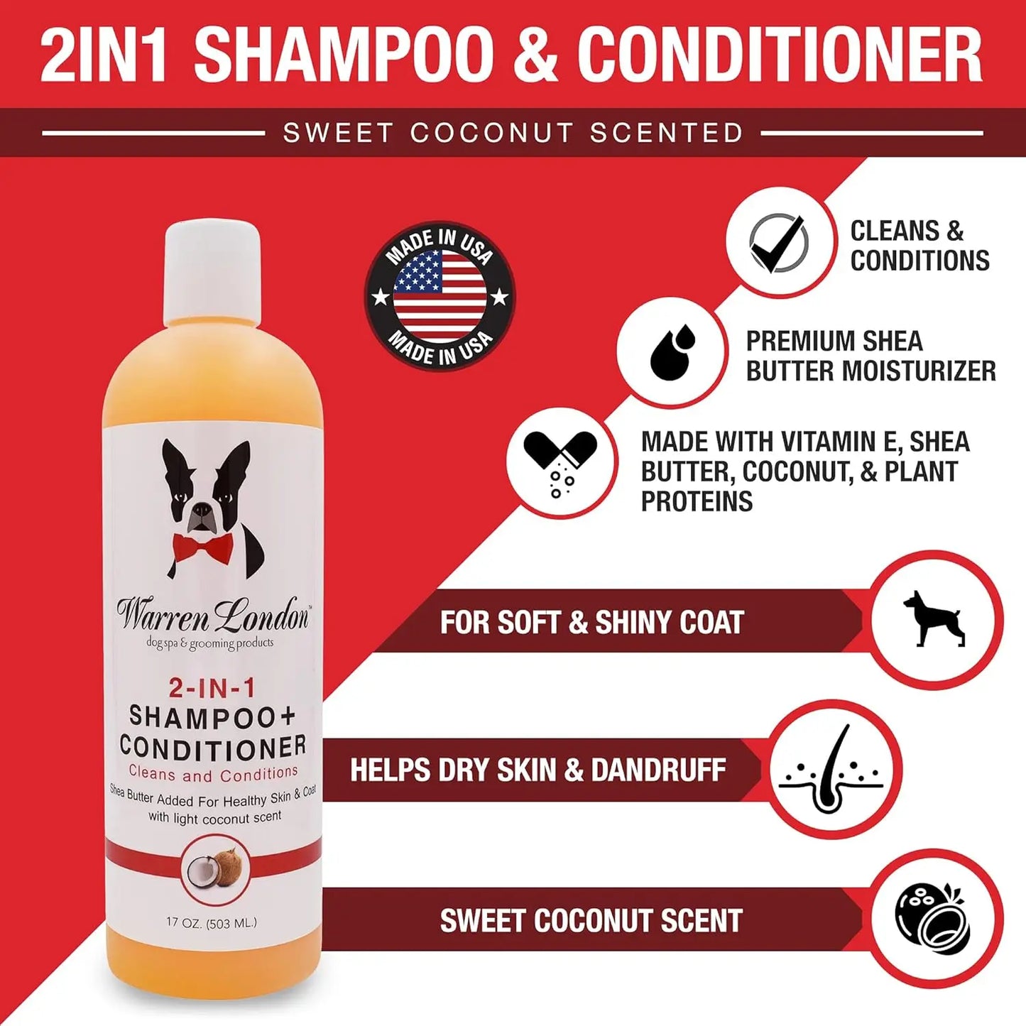 2-in-1 Pet Shampoo & Conditioner for Dogs & Cats | Soothes Dry Itchy Skin | Dandruff Control | 17oz | Made in USA