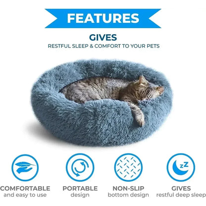 Round Plush Pet Bed - Self Warming Kennel, Machine Washable Mat with Non-Slip Bottom, Soft Cushion House Bed for Cats Dogs