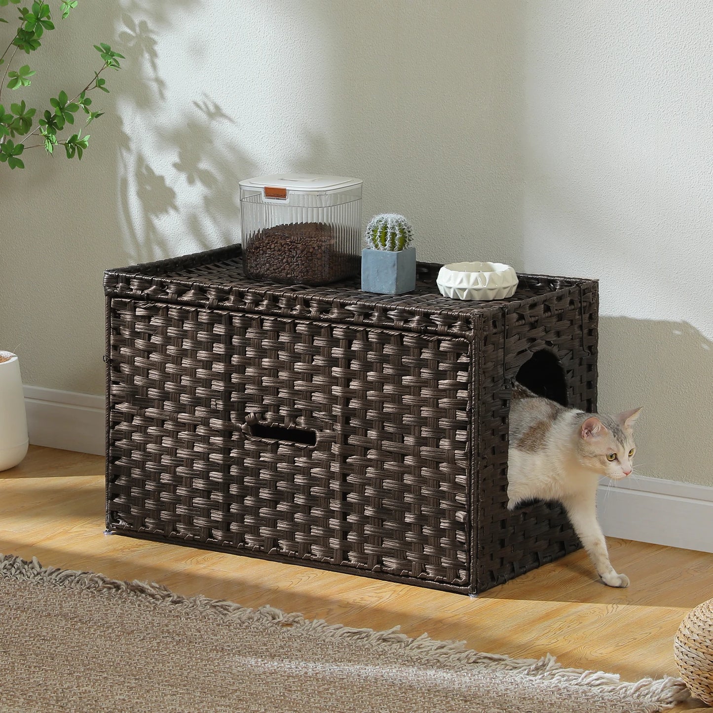 Rattan Cat Litter Box Enclosure Furniture with Door, Handwoven Rattan Hidden Litter Box Living Room Odor Control, Cat House Bed