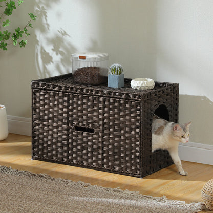 Rattan Cat Litter Box Enclosure Furniture with Door, Handwoven Rattan Hidden Litter Box Living Room Odor Control, Cat House Bed