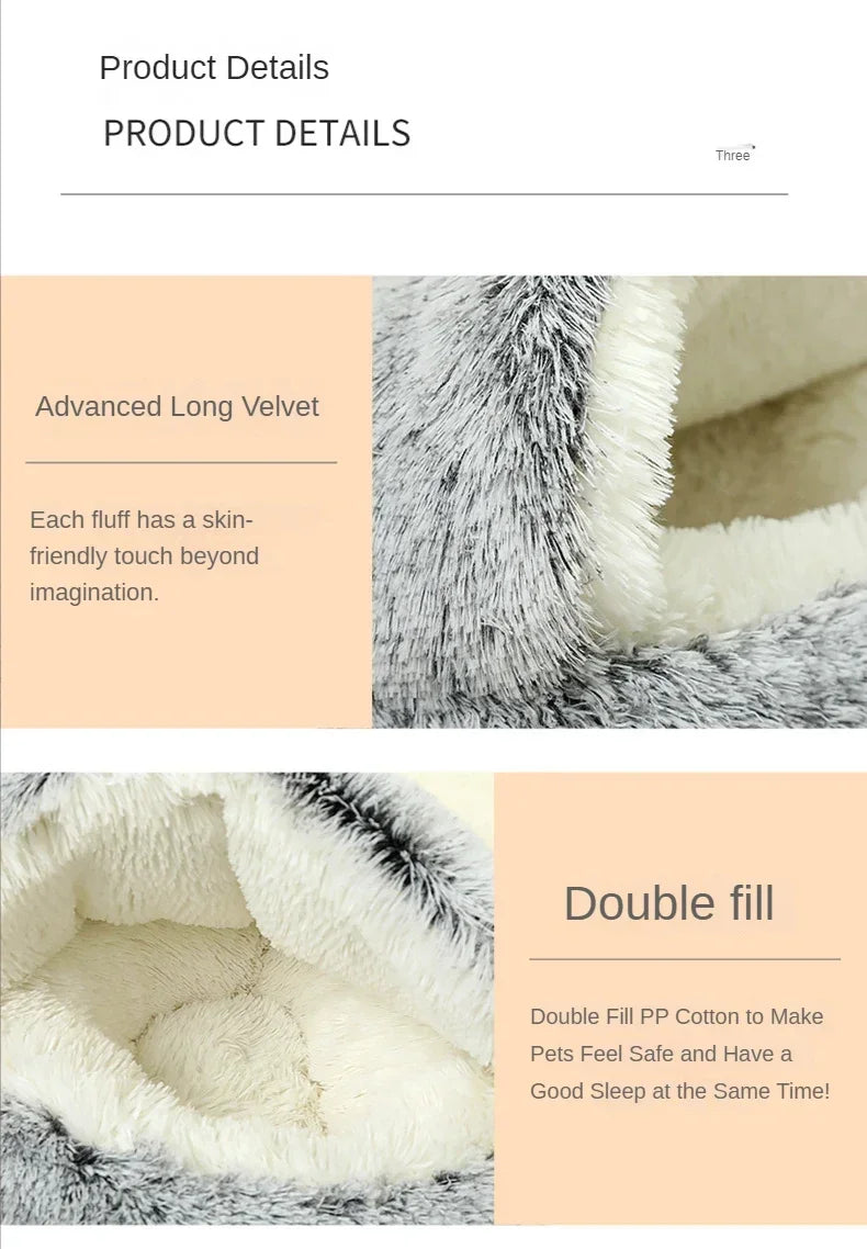 Round Plush Cat Bed Deep Sleep Bed for Cats Winter Warm Dog House Cushion Luxury Long Plush Kitten Puppy Sleeping Sofa Nest