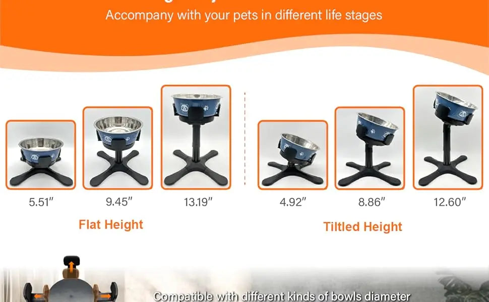 Adjustable Elevated Dog Bowl Stand with Non-Slip Base 3 Height Tilt Settings 14-24.5cm Bowls Stainless Steel Dish for Dogs Cats