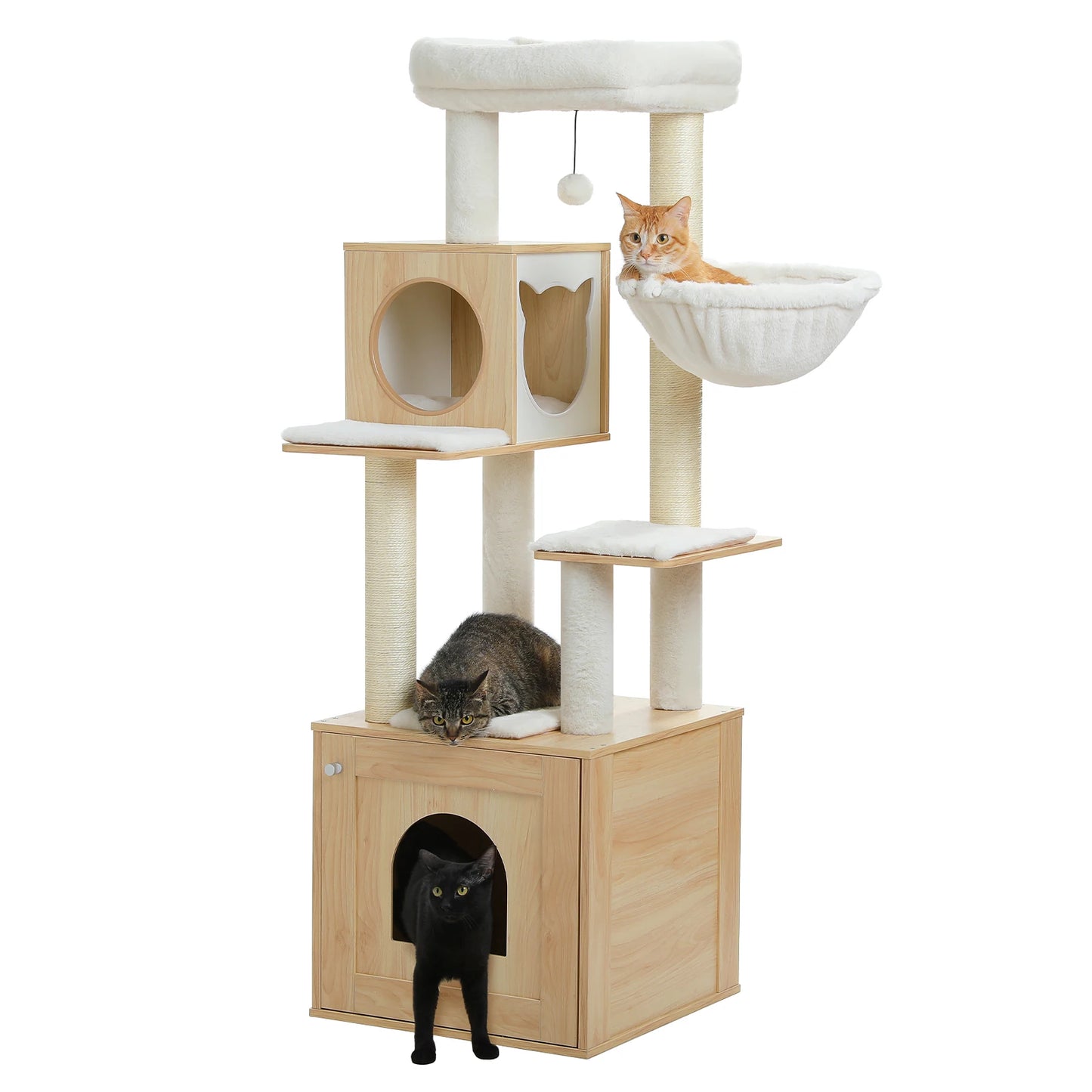 Wood Cat Tree with Storage Cabinet Sisal Scratching Posts Cozy Condo Hammock Dangling Balls Large Cat Tower for Indoor Pet Furniture Cat Toys