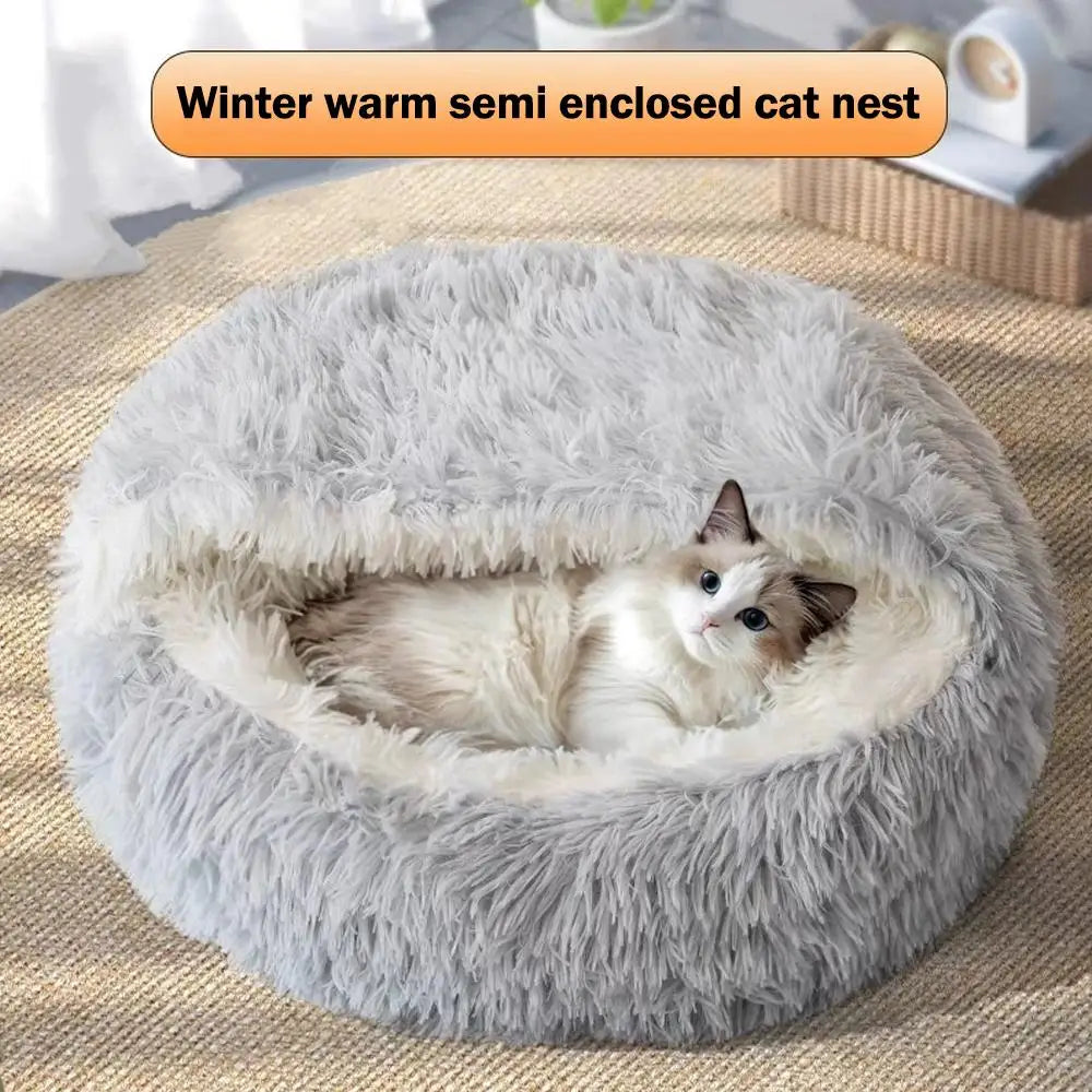Snooze Cat Bed Round Plush Fluffy Hooded Cozy Cat Bed Cave for Indoor Donut Self Warming Small Dog Bed Anti-anxiety Puppy Kennel