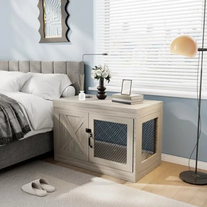 Corner Dog Crate Furniture with Double Doors 36 Inch Wooden Dog Kennel End Table Indoor with Mesh Cage/House for Small Medium L
