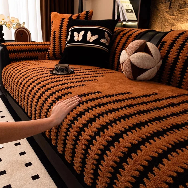 Geometric Lines Jacquard Soft Thicken Tuffed Fleece Sofa Towel Blanket for Living Room Cover Machine Washable Pet Friendly