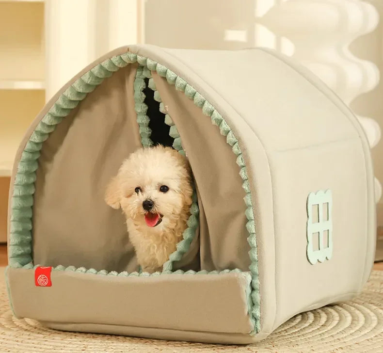 Closed Dog House with Door Curtain Winter Windproof Nest for Dogs Cats Outdoor Portable Cat Tent Dog Villa Sleep Kennel Cat Mat