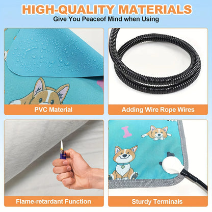 Dog Heating mat, Heating dog bed with Digital Display Switch, Pet Warming Mat with Machine-washable cover, Indoor Dog heating pad, Chew-resistant cord, Blue Dog Design. JUYHGV
