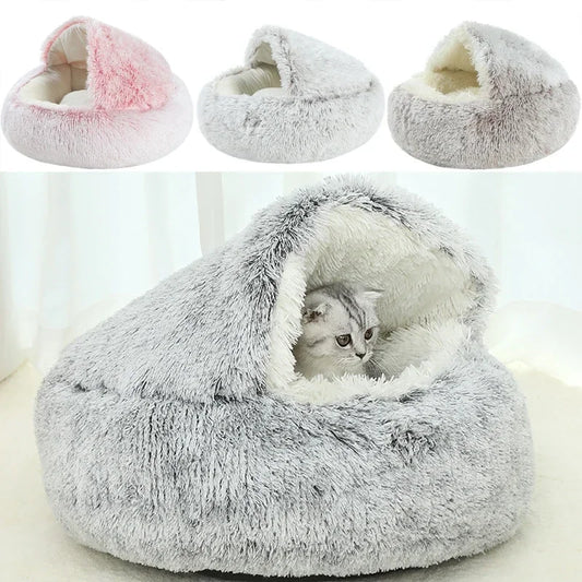 Autumn & Winter Soft Plush Semi-Enclosed Cat Nest – Warm Comforter Shell Bed for Cats & Small Dogs - Pet Suppie