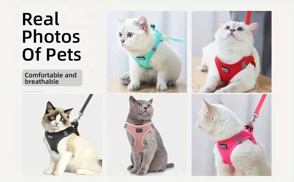 Adjustable cat harness with reflective tape, soft and breathable vest, suitable for walking and preventing escape