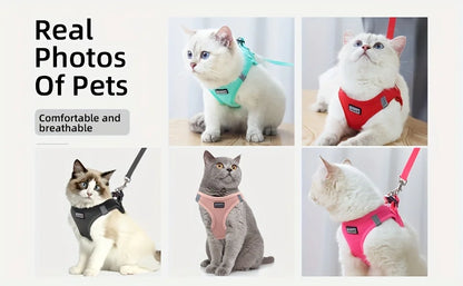 Adjustable cat harness with reflective tape, soft and breathable vest, suitable for walking and preventing escape