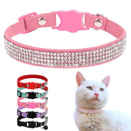 Soft Suede Leather Rhinestone Cat Collar – Bling Jewelled Design with Bell & Safety Breakaway (XS & S, 8 Colours) - Pet Suppie
