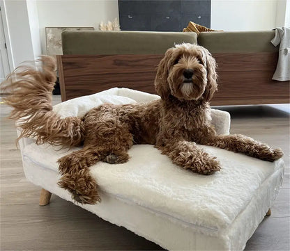 Luxury Elevated Dog Sofa Bed with Backrest Plush Cushion Wooden Legs Raised Dog Bed Lounger Chair for Small Medium Dog Cat Chair