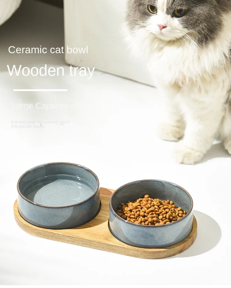 Dog Bowl Ceramic Matte Pet Bowl Cervical Spine Protector Anti Knock Over Wooden Tray Pet Feeding Supplies Cat Accessories