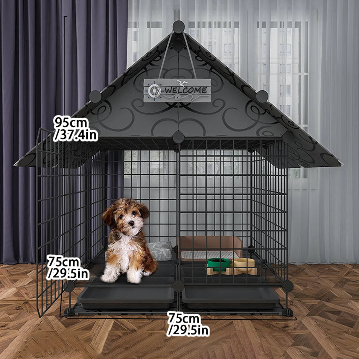 Indoor Dog Cage Villa with Toilet Small Dog Shelter for Pomeranian And Teddy Dogs Family Pet Cage with Tray