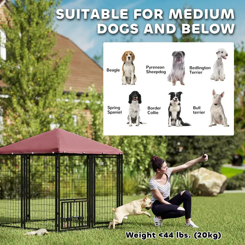 Welded Wire Outdoor Dog Kennel with 360° Rotating & 4 Levels Adjustable Bowls, Waterproof Cover, 4.6' x 4.6' x 5'