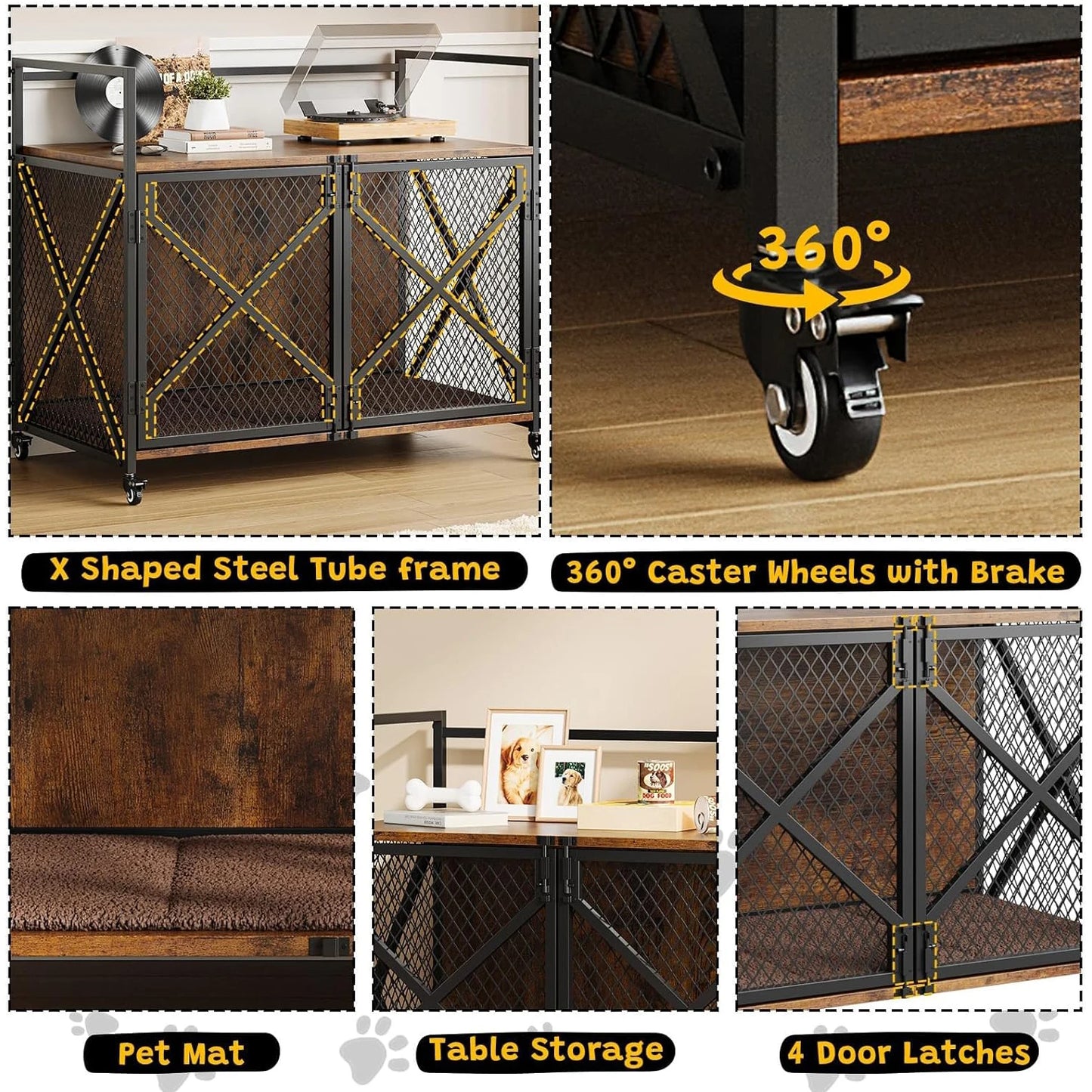 Large Wooden Dog Crate Furniture, Decorative End Table Indoor Dog House, With Lockable Wheels For Dogs, Heavy Duty Dog Cage