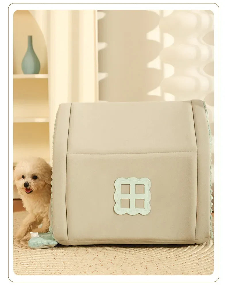 Closed Dog House with Door Curtain Winter Windproof Nest for Dogs Cats Outdoor Portable Cat Tent Dog Villa Sleep Kennel Cat Mat