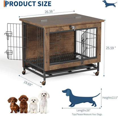 Rustic Dog Crate Furniture with Wheels 26in Small Heavy Duty Metal and Wood Dog Kennel Indoor Anti-Chew Pet Cage End Side Table