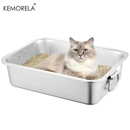 Large Litter Tray With Handles Durable Stainless Steel Litter Box Spacious Low Entry Design For Easy Access To Pet Accessories