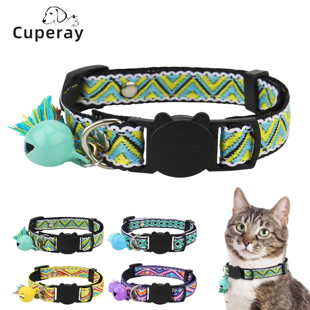 Adjustable Cat Collar Polyester Jacquard Pattern Pet Collar with Bell and Tassel Decoration for Cats and Small Dogs To Keep Lost