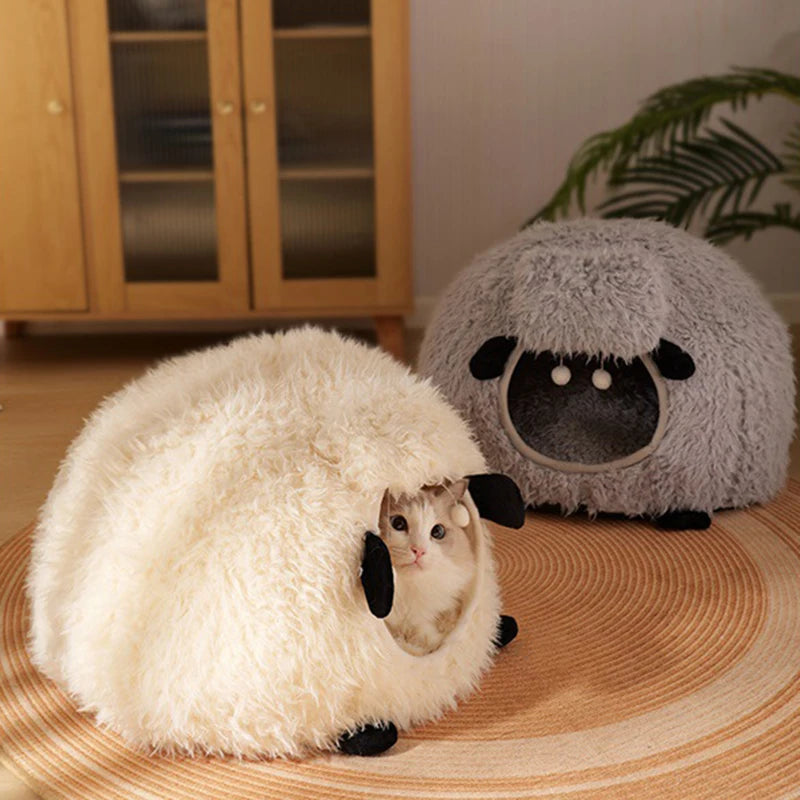 BOOTEELY Winter Warm Sheep Shape Cat Villa Semi-Closed Three-Dimensional Cat House Four Seasons Universal Cat Bed