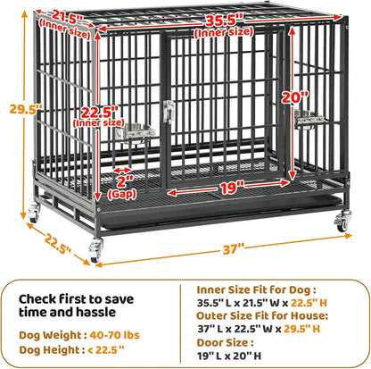 37' Stackable Heavy Duty Dog Crate, Escape Proof Kennel with Lockable Wheels, Removable Tray & Metal Grid for Medium/Small Dogs