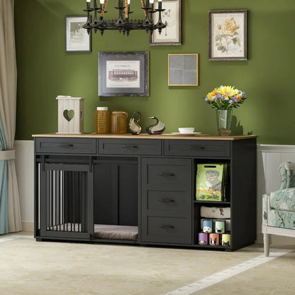 Wooden 72.4 Heavy-Duty Dog Crate Furniture with Storage Drawers and Shelves, Indoor Dog House TV Stand