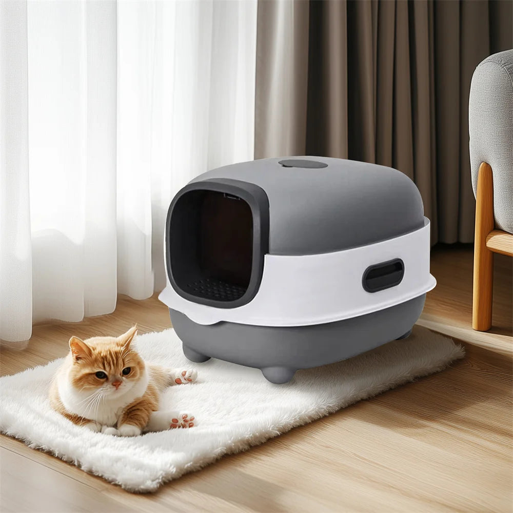 Large Cat Litter Box Enclosed with Scoop Odorless Hooded Litter Tray Deep Cat Toilet Pan Easy Clean Non-Stick