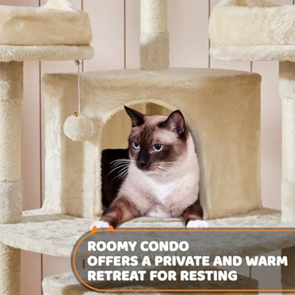 69in Large Cat Tree Tower, 2 Condos, Sisal Posts and Cat-Ear Perch Sturdy anti-wobble base, soft basket, climbing ramp, easy as