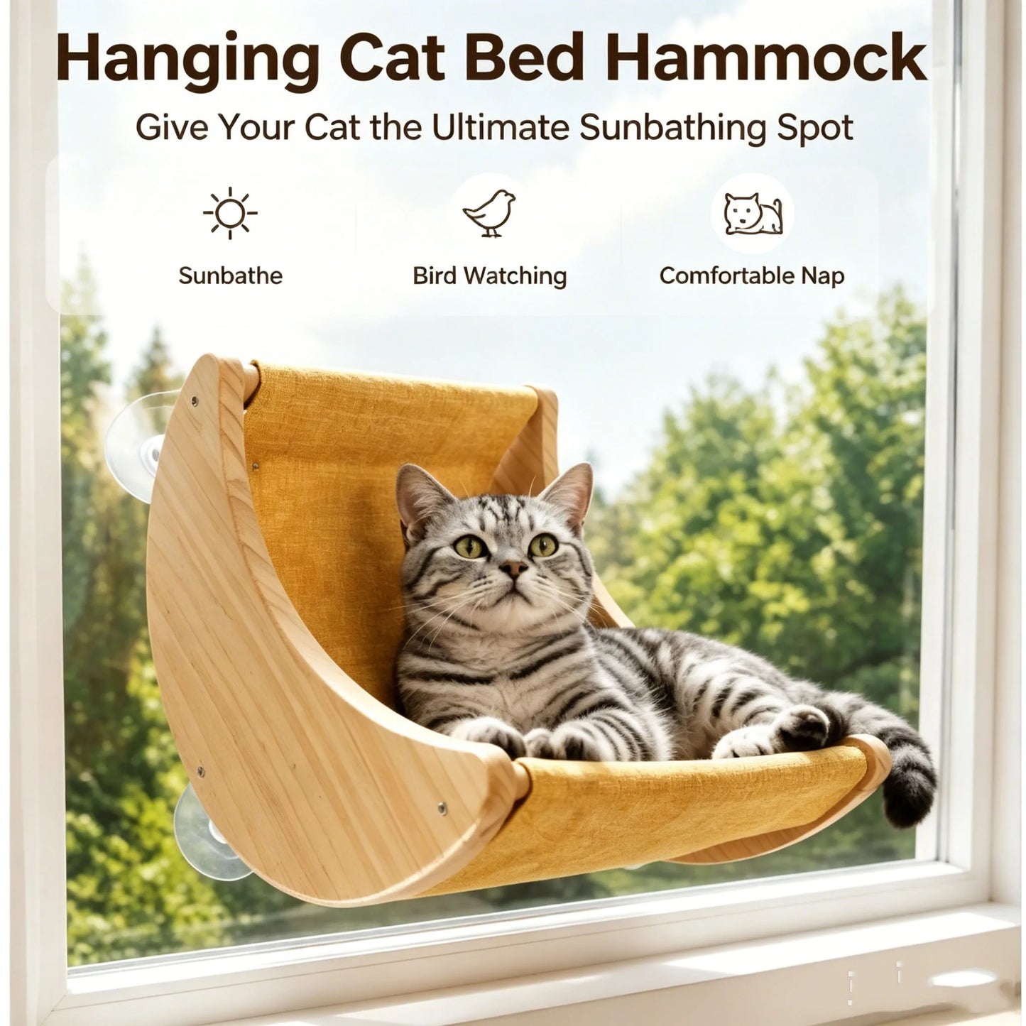 Hanging Cat Bed Hammock with Suction Cups Window Mounted Pet Swing for Cats Wooden Cat Cradle Space-Saving Wall Furniture