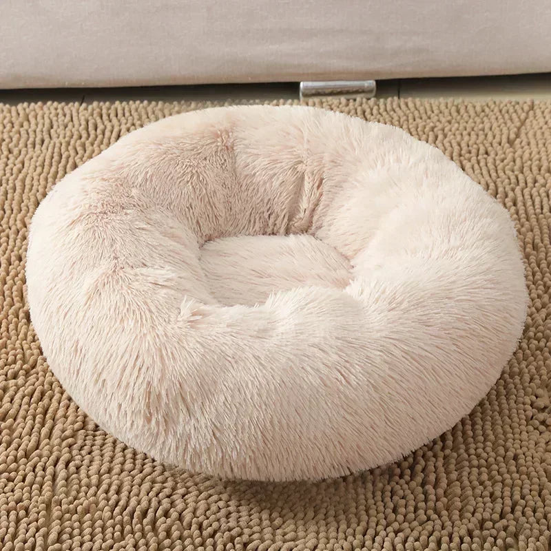 Round Plush Pet Bed - Self Warming Kennel, Machine Washable Mat with Non-Slip Bottom, Soft Cushion House Bed for Cats Dogs