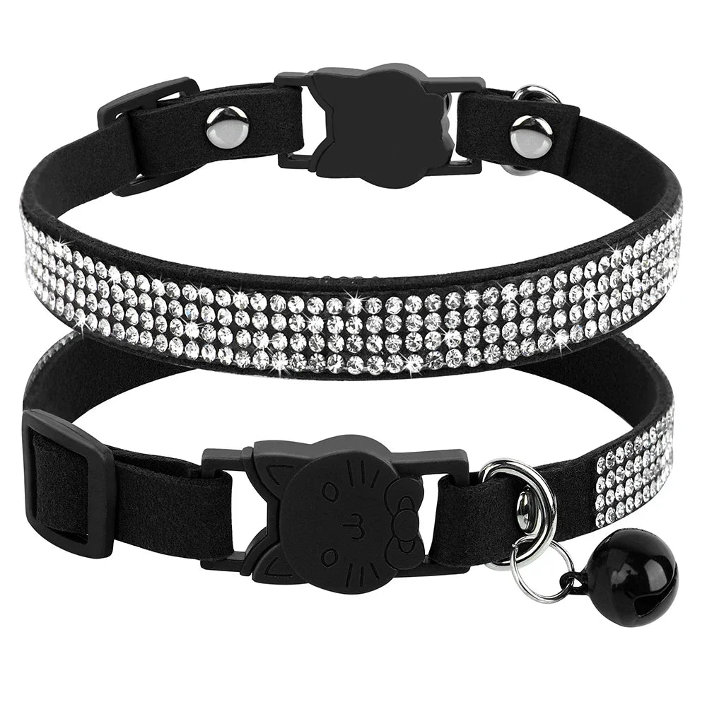 Soft Pink Suede Leather Cat Collar - Bling Rhinestone Design with Bell, Safety Breakaway & Adjustable XS/S for Cats & Puppies