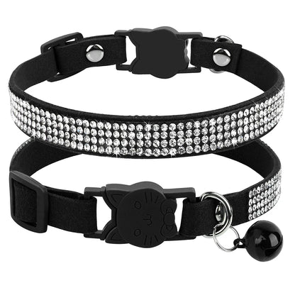 Soft Pink Suede Leather Cat Collar - Bling Rhinestone Design with Bell, Safety Breakaway & Adjustable XS/S for Cats & Puppies