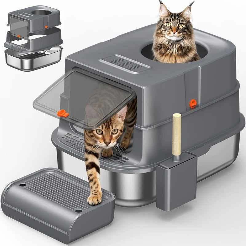 Stainless Steel Cat Litter Box with Lid, Extra Large Enclosed Cat Litter Box, Non-Stick Metal Pan, High Sides with Litter Scoop and Pedal, Odor-Free, Front and Top Entry, Leak-Proof, Easy to Clean