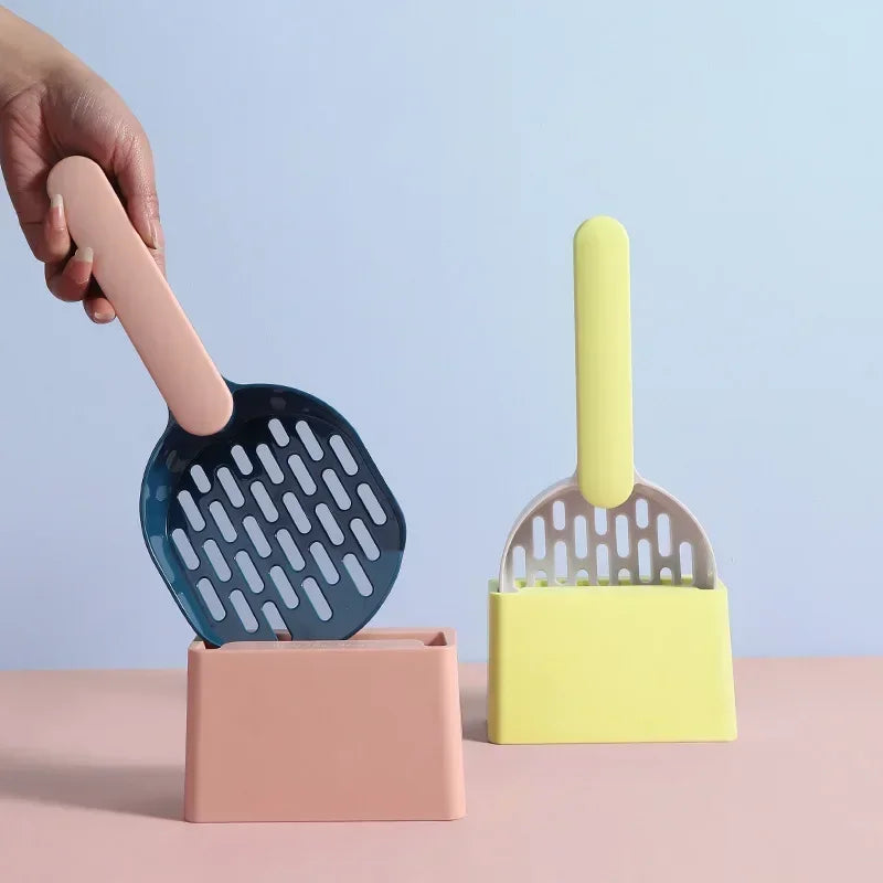 Cat Litter Scoop Set with Base Long Handle Clashing Cat Poop Tool High-Grade ABS Plastic Durable Kitten Toilet Cleaning Tool Pet