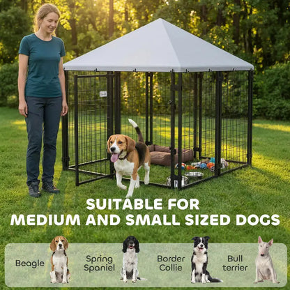 Lockable Dog House Kennel with Water-resistant Roof for Small and Medium Sized Pets, 4.6' x 4.6' x 5'