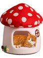 Soft Mushroom Cat Bed House with Cow Print, Semi-Enclosed Plush Cave Nest with Washable Cushion for Cats and Small Dogs