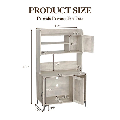 Rustic Farmhouse Hidden Cat Litter Box Enclosure 4-Tier Storage Shelves & 2 Cabinets Wood Cat Washroom Furniture For Indoor Use