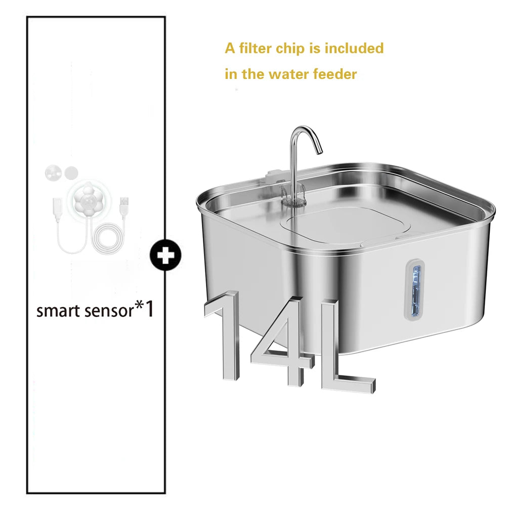 14L/7L Automatic Dog Water Fountain Stainless Steel Cat Pet Fountain with window Silent Cat Dog Water Feeder( No 5V 1A Plug