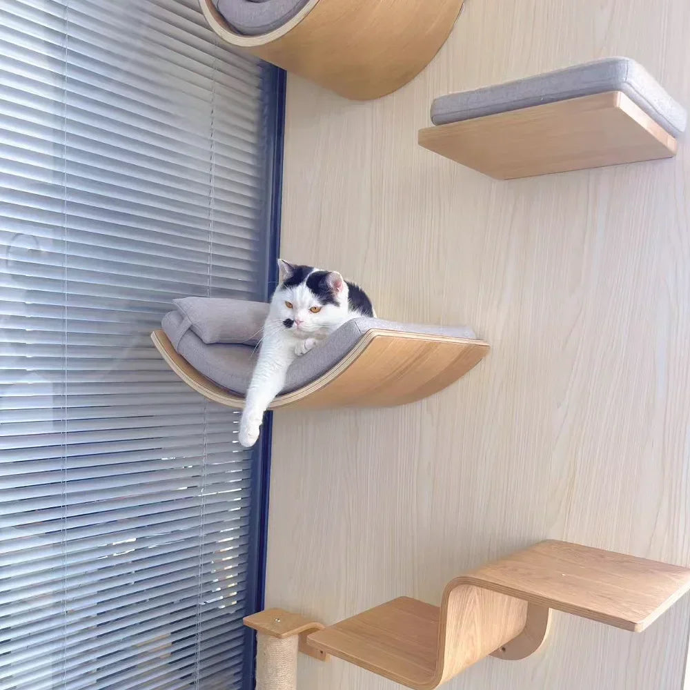 Wooden Cat Climbing Shelves Wall Mounted Cat Tree Sisal Scratching Post Pedal Hammock Indoor Kitten Playground Cats Accessories