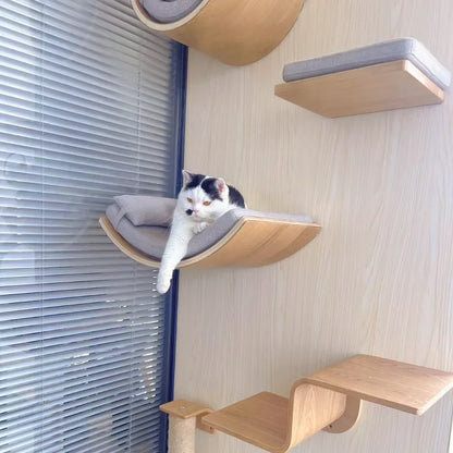 Wooden Cat Climbing Shelves Wall Mounted Cat Tree Sisal Scratching Post Pedal Hammock Indoor Kitten Playground Cats Accessories