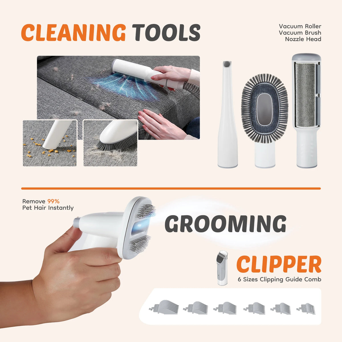 Cleaning tools including a grooming clipper and various attachments on a beige background.