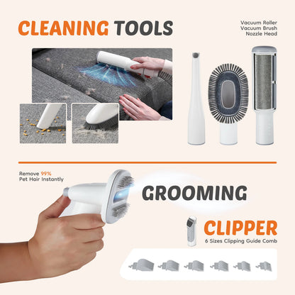 Cleaning tools including a grooming clipper and various attachments on a beige background.