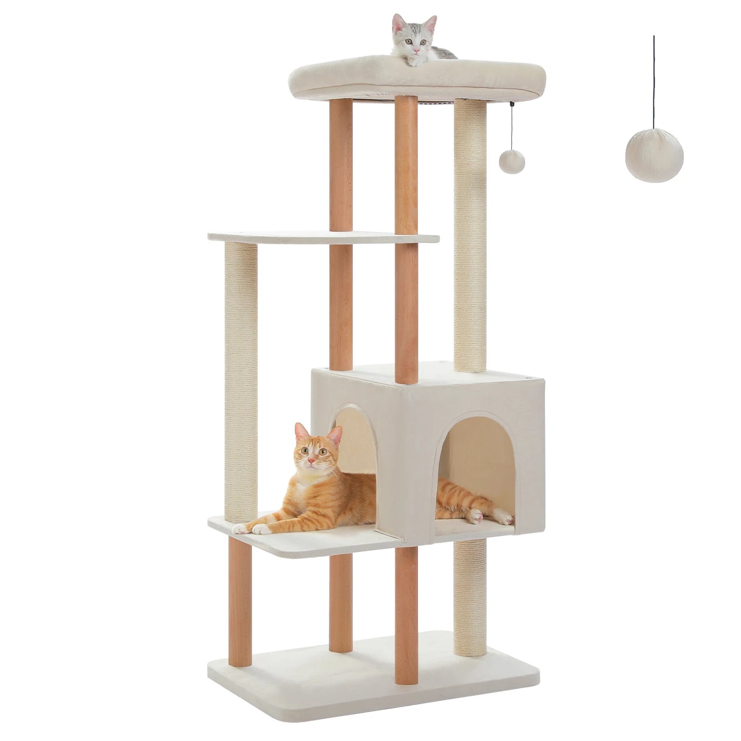 Modern Cat Tree for Indoor Cats, Multi-Level Cat Tree with Lage Cat Condo, Sisal Scratching Posts, Natural Wood Posts, Soft Bed