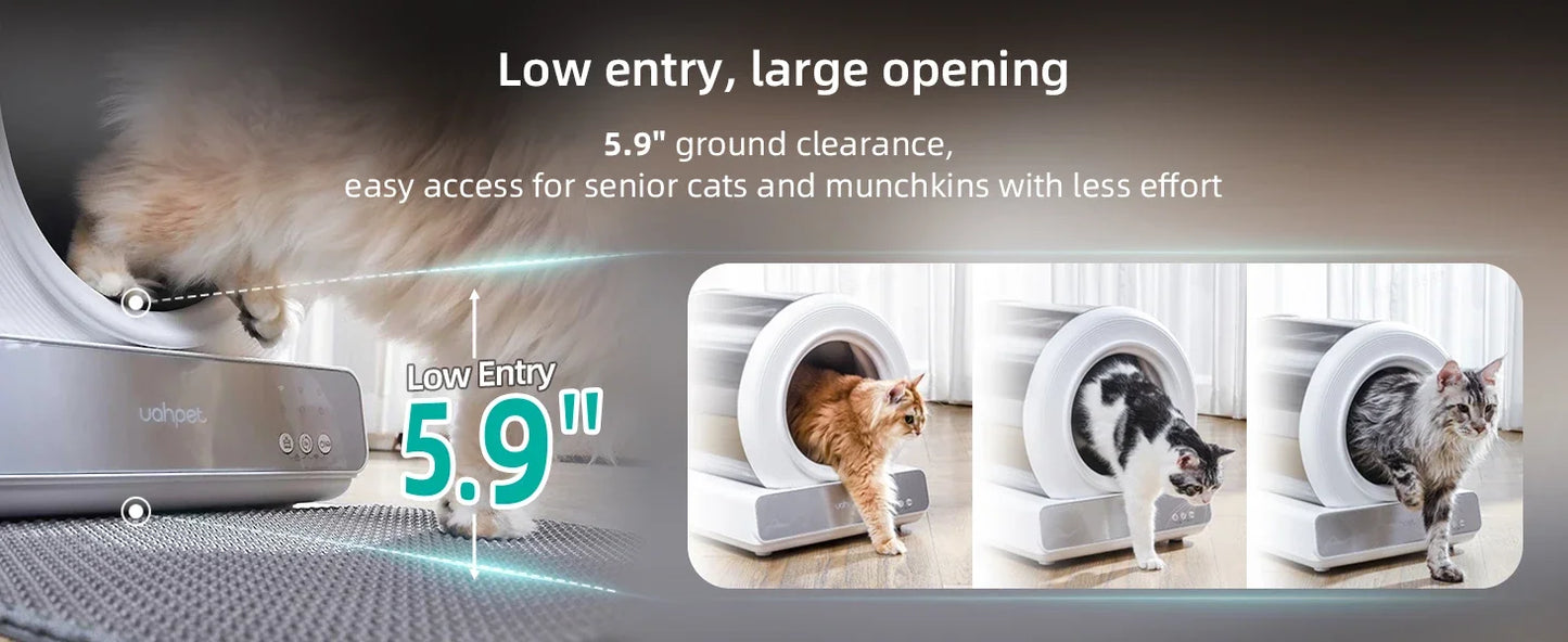 Uahpet Stainless Steel Self Cleaning Cat Litter Box, Automatic Cat Litter Box with APP Control, Lower Entry, Safety Sensors