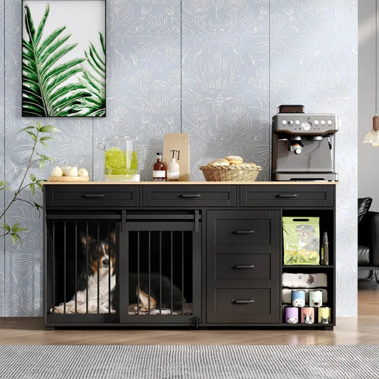 Wooden 72.4 Heavy-Duty Dog Crate Furniture with Storage Drawers and Shelves, Indoor Dog House TV Stand